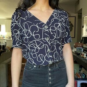 Maeve Navy Abstract Button-Up Top